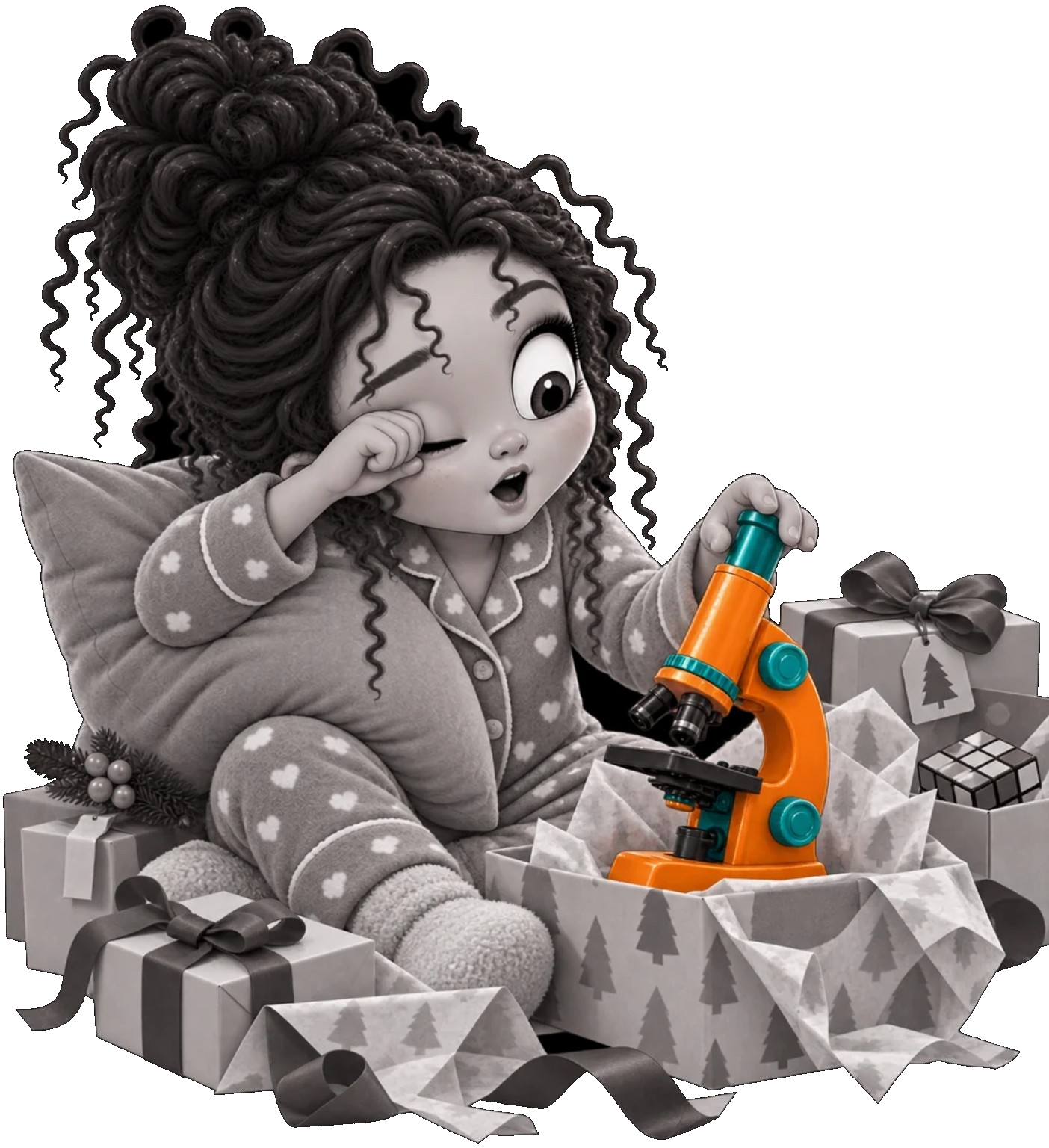 Gaby pequeña explora un microscopio con curiosidad